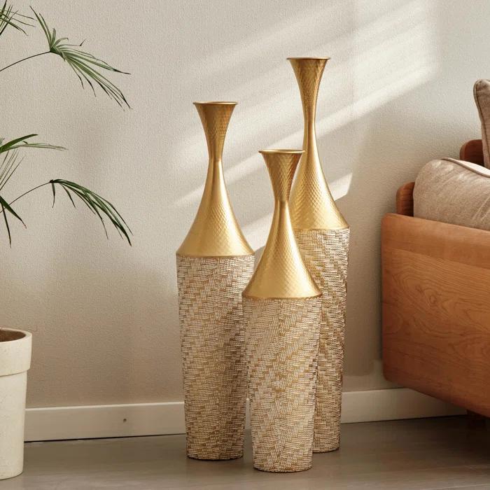 Everly Quinn Medhansh Metal Floor Vase (Set Of 3), Tall Large Flower Vase With Tapered Opening & Lattice Weave Texture, Antique Gold Finish