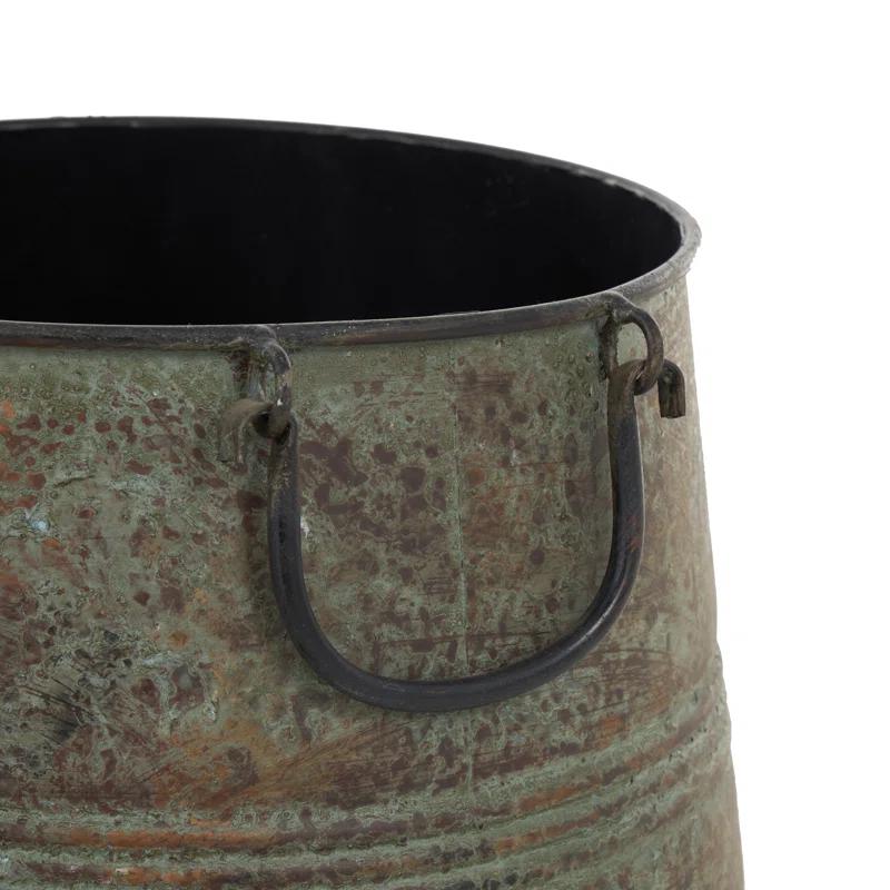 Gracie Oaks Cowden 3 Piece Metal Distressed Bucket Style Indoor Outdoor Bronze Planter with Side Ring Handles Set