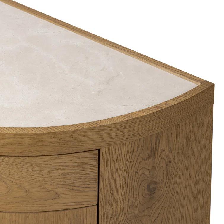 Cream Marble and Oak Veneer Demilune Nightstand with 3 Drawers