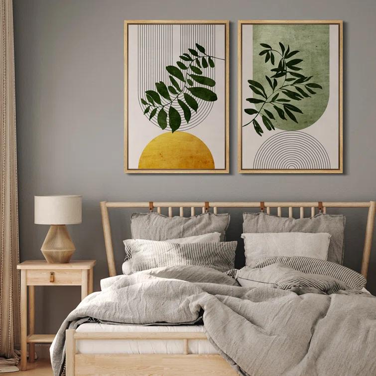 IDEA4WALL Mid Century Modern Boho Green Yellow Bright Plant Art Framed Canvas 2 Pieces Print  Wall Art Set