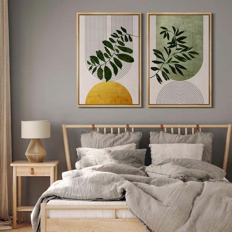 IDEA4WALL Mid Century Modern Boho Green Yellow Bright Plant Art Framed Canvas 2 Pieces Print  Wall Art Set
