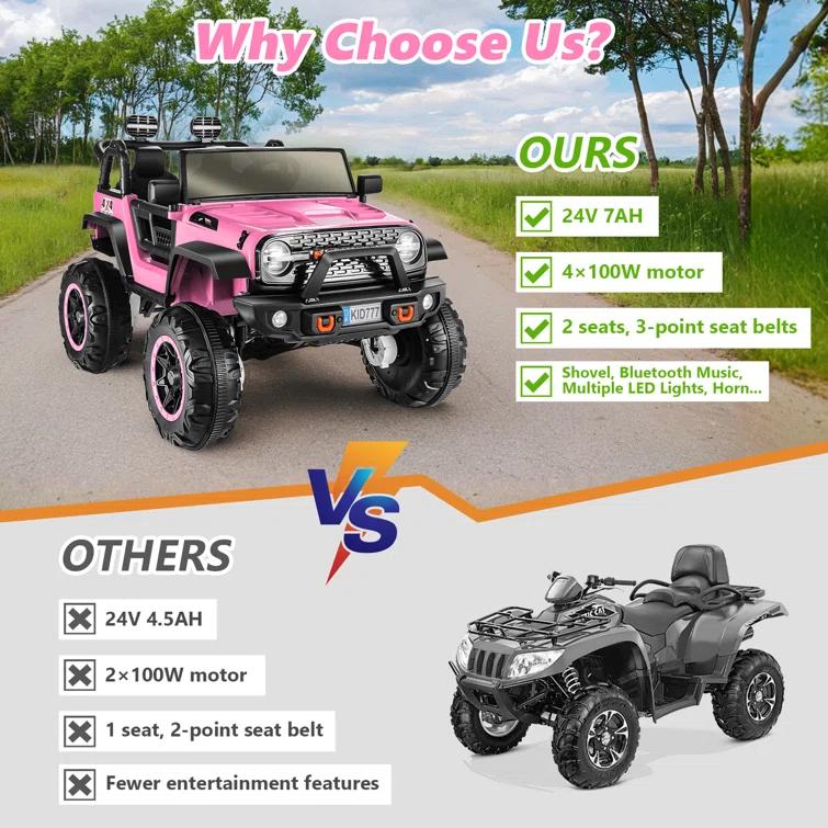 Ancheer 24V Real 2 Seater Ride On Toys Electric SUV Jeep Car With Remote Control,2WD/4WD Switchable, 4X100W Motor, Bluetooth, Music, USB, Lights