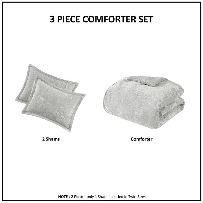 Twin/Twin XL Arabella Crushed Velvet to Faux Shearling Soft Reversible Teen Comforter Set Silver - Intelligent Design: Hypoallergenic Velvet Bedding