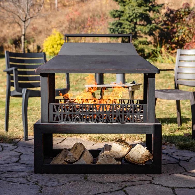 Lark Manor™ Courter 29" Rectangle Bronze Finish Steel Outdoor Fireplace with Log Storage