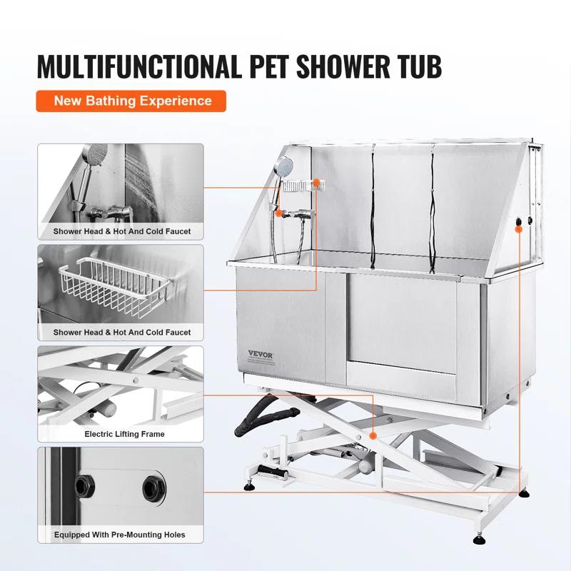 VEVOR 50" W Metal Dog Grooming Tub Electric Height Adjustment with Right Door Opening