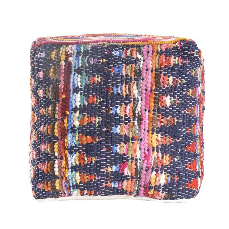 Evette Rios Dillon Denim Shabby Chic Hand-Loomed Cotton Blend Cube Ottoman Pouf