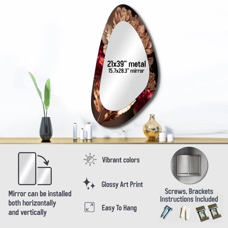 Design Art Gilded Rose Vintage Glam IV - Floral Asymmetrical Decorative Wall Mirror, Pink Unique Shape Large Mirror, Printed Metal Art