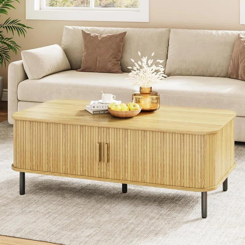 Latitude Run® Coffee Table with Storage, 47.2" Modern Coffee Tables for Living Room, Rectangle Center Table with Sliding Tambour Door & Adjustable Leg for Living Room