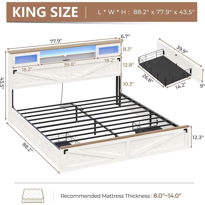 Ivy Bronx Farmhouse Bed Frame King Size With Bookcase Headboard And 2 Drawers, Wooden Platform King Bed With Led Lights And Charging Station, Rustic Accent Headboard With Sliding Door, White