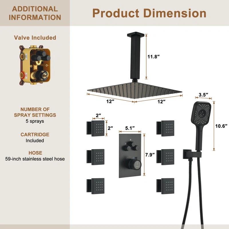 Revitalize 3-Function 12 Inch Ceiling Mount Rainfall Thermostatic Shower System with 6 Body Jets