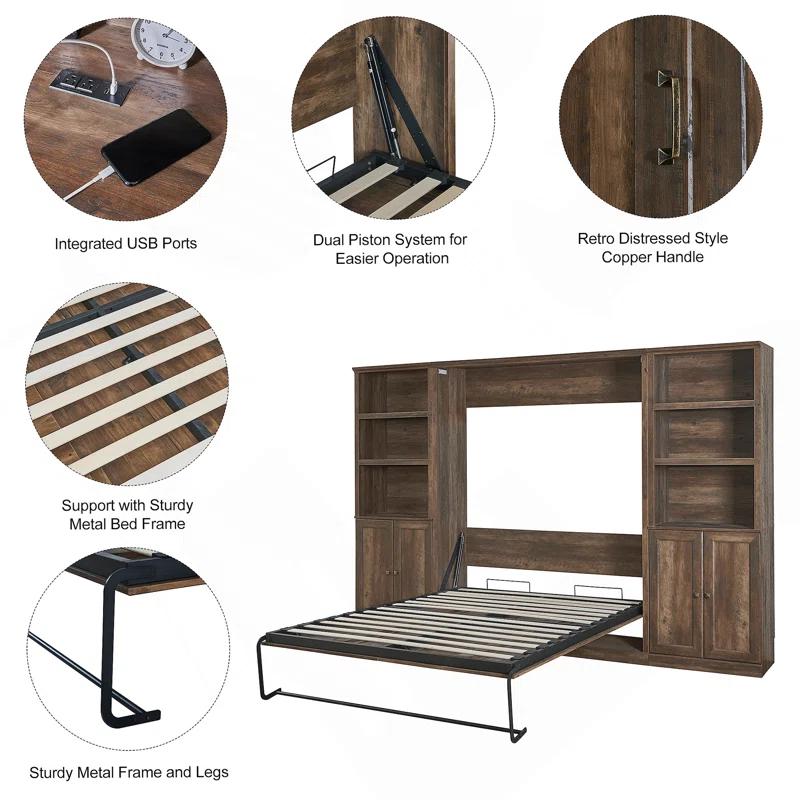 House On Tree Half Self-Close and Open Murphy Bed with 1 Side Cabinet Storage Shelf