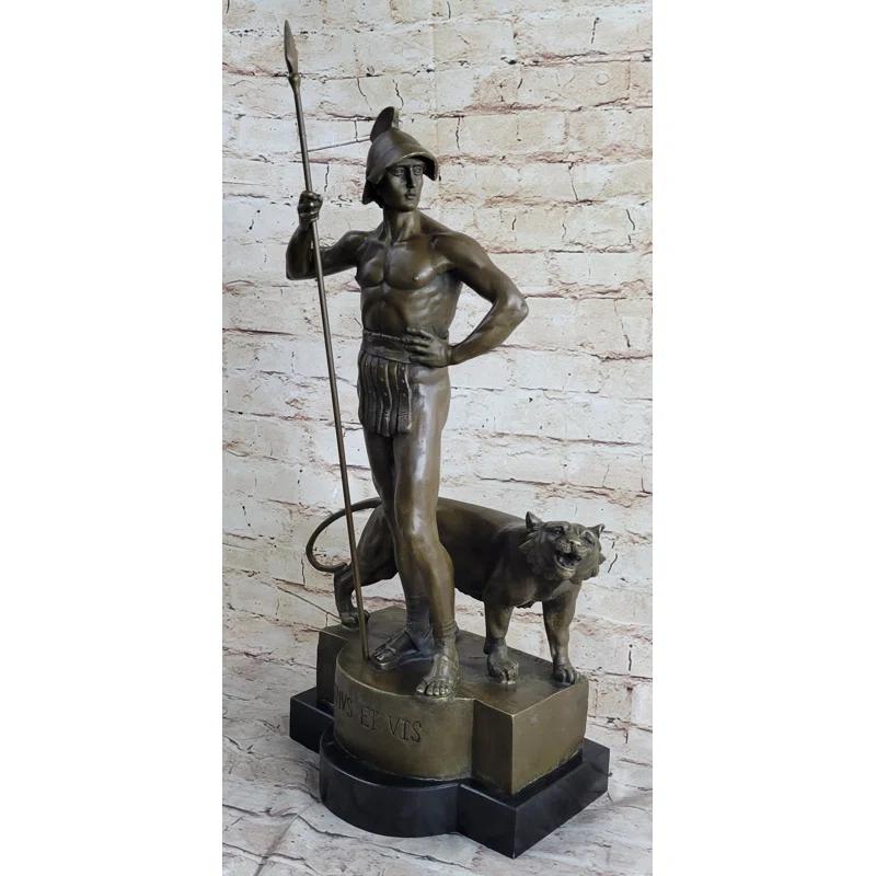 Canora Grey Roman Gladiator Warrior Lion Bronze Statue Sculpture Signed Original 20 Inches X 13 Inches