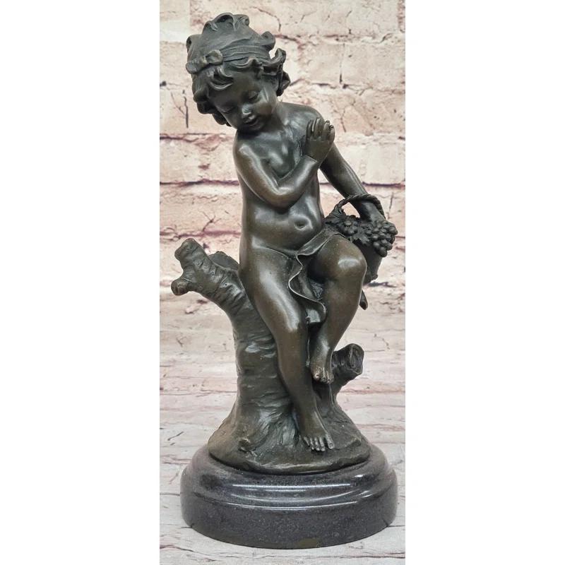 Red Barrel Studio® Small Child Girl Toddler Holding Basket Of Grapes - Clical Bronze Sculpture By Moreau