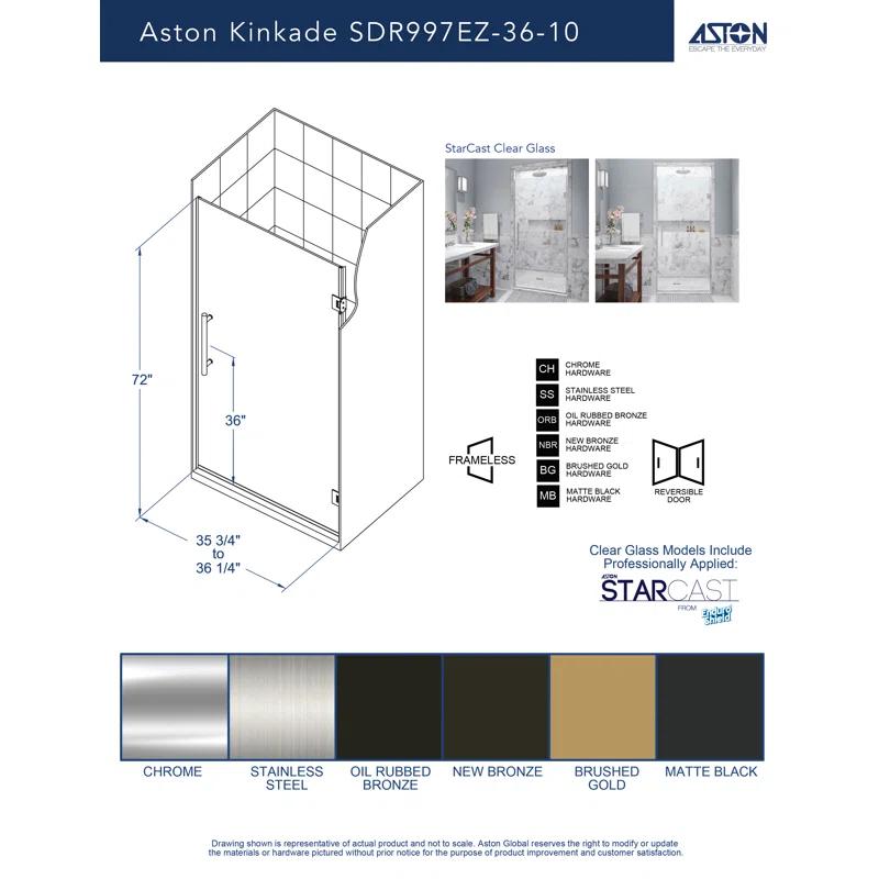 Kinkade 35.75" - 36.25" W x 72" H Hinged Frameless Shower Door