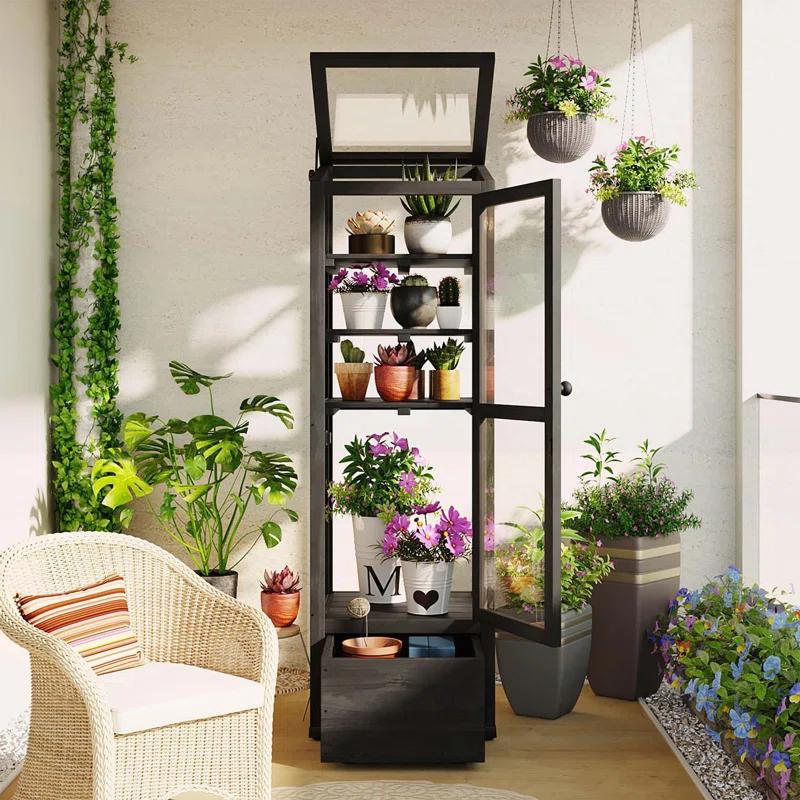 mosaicmotifco Wood Garden Greenhouse Balcony Portable Mini Cold Frame With Movable Storage Box, Adjustable Shelves And 1 Drawer