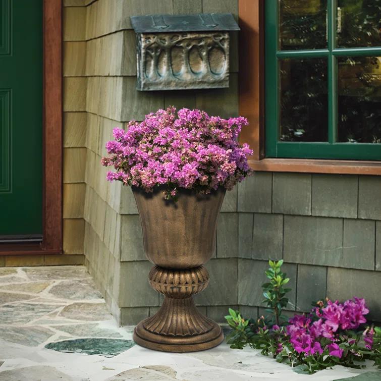 Charlton Home® Ciresila Classic Moroccan Bronze Urn Planter Decorative Outdoor Flower Pot with Stand for Garden Front Column and Wedding Decor