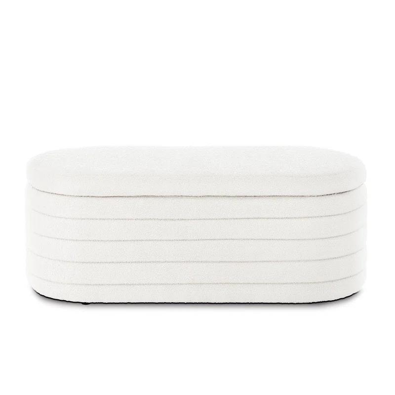 Modern Oval Storage Ottoman Bench, Upholstered Boucle Teddy Fabric End Of Bed Bench With Storage, End Of Bed Stool With Safety Hinge For Bedroom, Living Room, Entryway