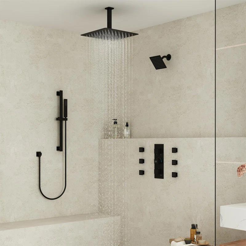 CASAINC Rainfall Symphony 16inch Dual Shower Head Rainfall Thermostatic Shower System with 16-inch Slide Bar and Body spray KCHS0019-16MB