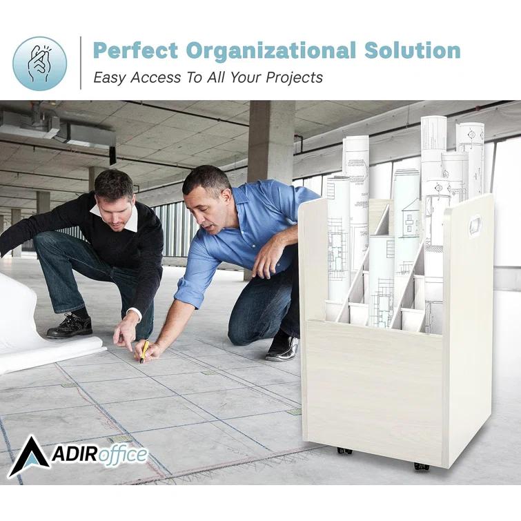 AdirOffice 20-Slot Mobile Rolling Wood Blueprint Roll File Large Document Organizer