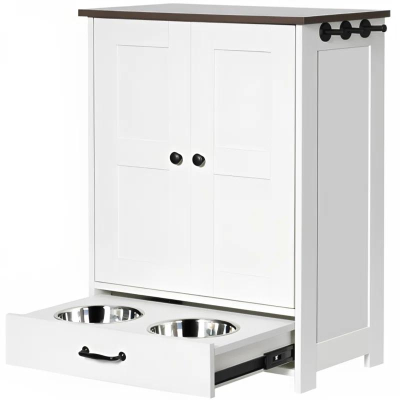 Awevsco Dog Feeding Station, Dog Food Storage Cabinet With Hidden Dog Bowls, Adjustable Panel, Hooks, For Medium Sized Dogs, White