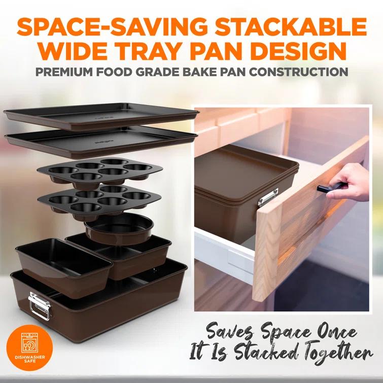 NutriChef 8-Piece Nonstick Stackable Bakeware Set - Pfoa, Pfos, Ptfe Free Baking Tray Set W/ Non-Stick Coating, 450°F Oven Safe, Round Cake, Loaf, Muffin, Wide/Square Pans, Cookie Sheet