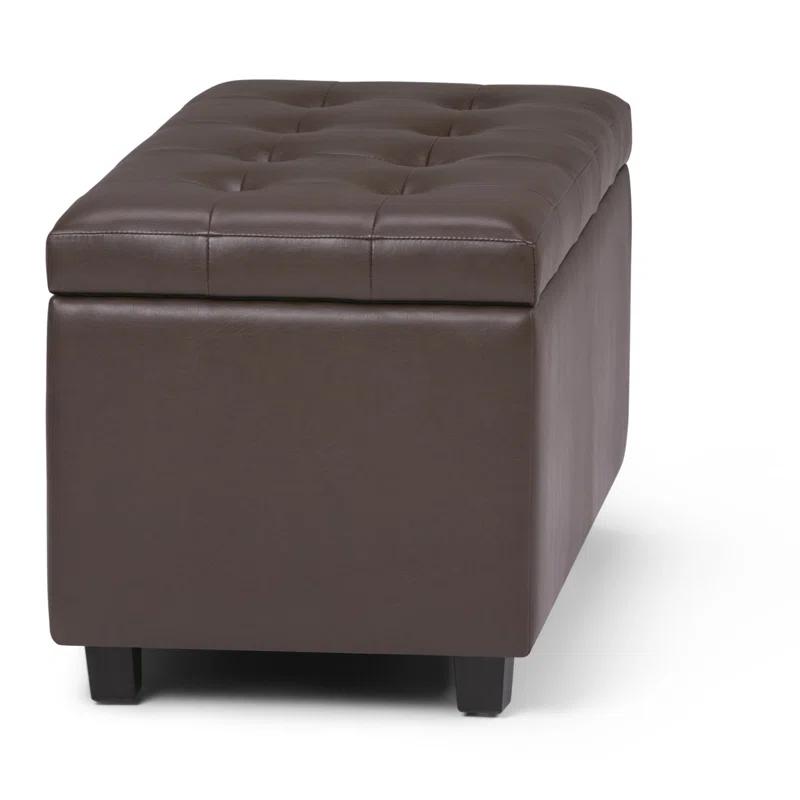 Simpli Home Cosmopolitan 34"W Upholstered Storage Ottoman with Tufted Design and Large Interior Storage