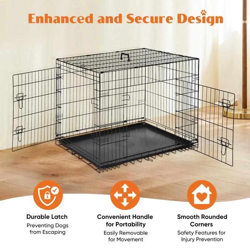 Ebern Designs Medium Dog Crate With Divider Panel, 30 Inch Double Door Folding Metal Wire Dog Cage With Plastic Leak-Proof Pan Tray, Pet Kennel For Indoor, Outdoor, Travel