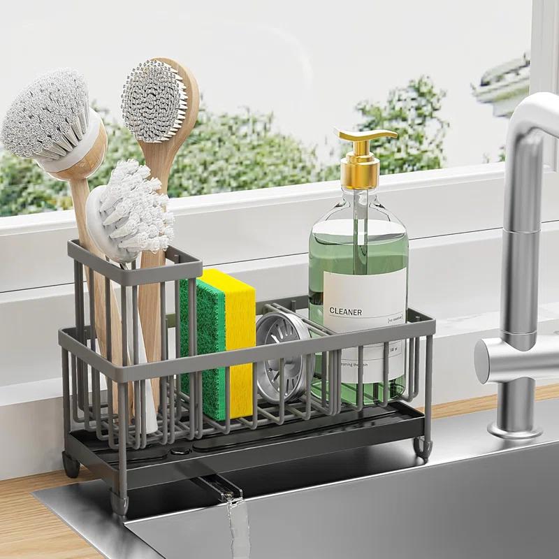 WKING Stainless Steel Kitchen Sink Caddy Organizer With Draining Tray, Rustproof Sponge Holder For Sink, Adjustable Compartments, Space-Saving Design