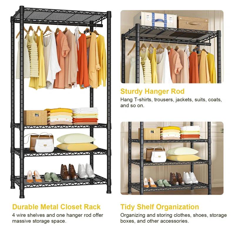 OLVOK Freestanding 4 Tiers Garment Rack For Hanging Clothes With Shelves And Clothes Racks