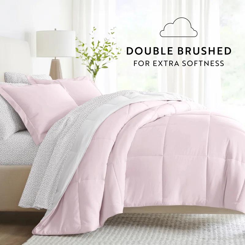 IEnjoy Home 7-Piece Reversible Bedding Bundle - Solid Comforter and Patterned Sheet Set