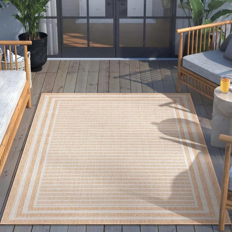 Ebern Designs Fallon Frankie Stripes Beige Hi-Lo Indoor/Outdoor Area Rug