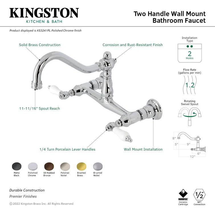 Kingston Brass Kingston Brass Vintage Two-Handle 2-Hole Wall Mount Bathroom Faucet KS3247PL