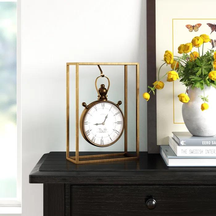 Alcott Hill® Canete Traditional Roman Numeral Metal Quartz Movement / Crystal Tabletop Clock in Brass