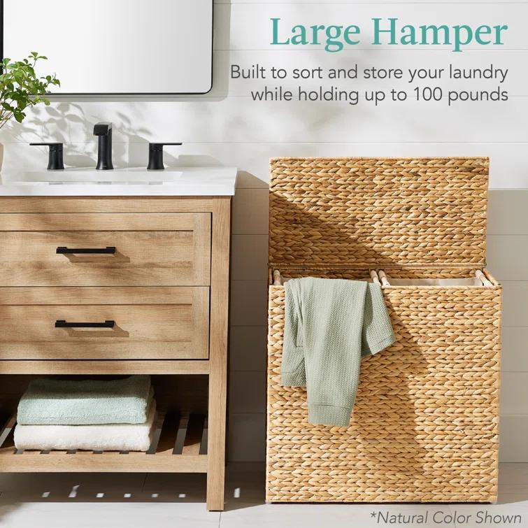 Bayou Breeze Large Water Hyacinth Double Laundry Hamper Basket w/ 2 Liner Bags, Handles