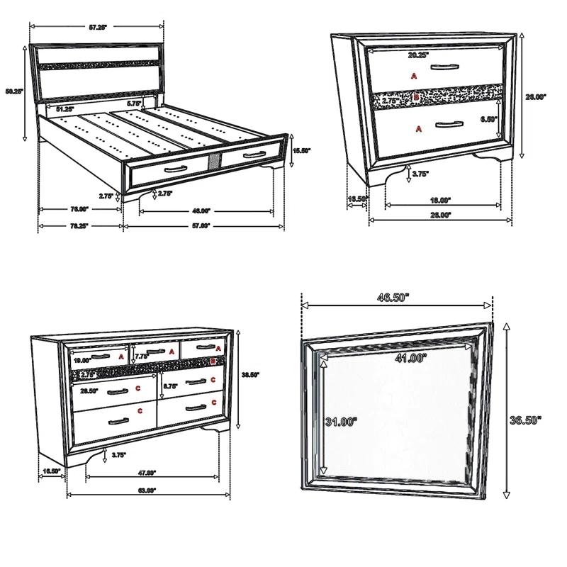 Benjara Vino 4Pc Bedroom Set, Storage Footboard, Glitter Stripes