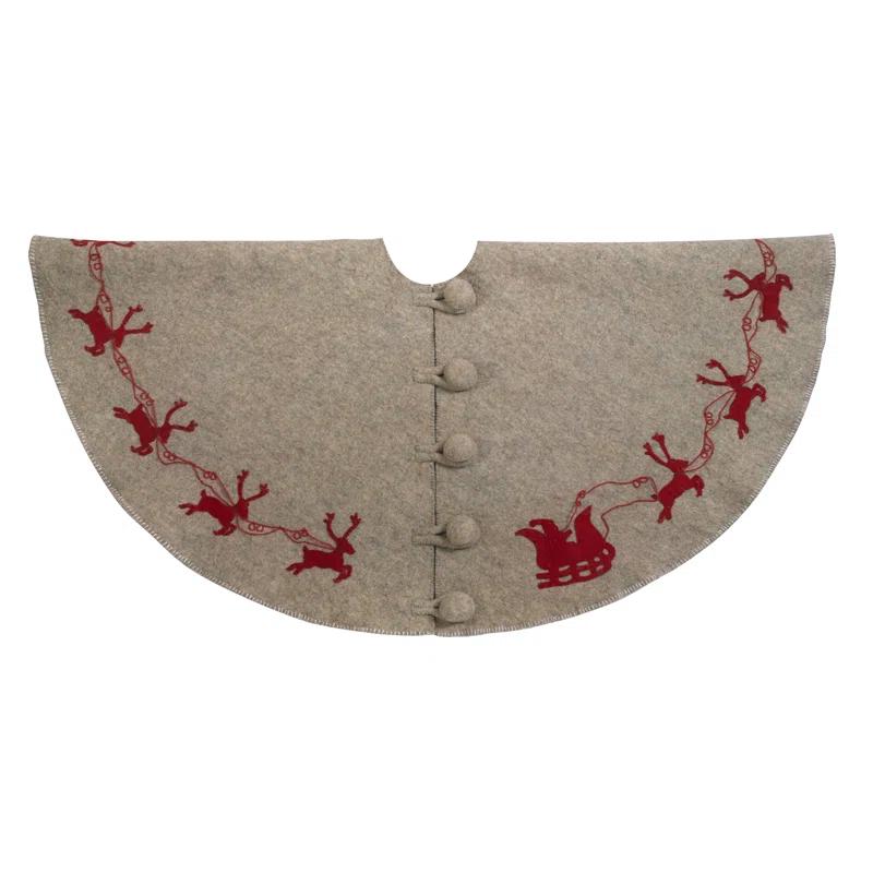 Arcadia Home Reindeer tree skirt- grey with red reindeer and cream whip stitch-72"