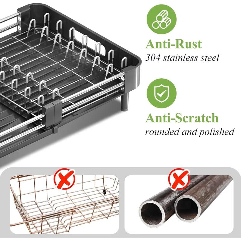Anadea Expandable Dish Rack For Kitchen Counter, Large Dish Drainer, Stainless Steel Drying Dish Rack With Utensil Holder