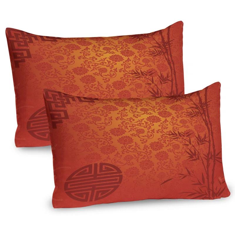 Ambesonne Ambesonne Chinese Pillow Sham 2 Pack Traditional Nature Art Pale Orange Burgundy