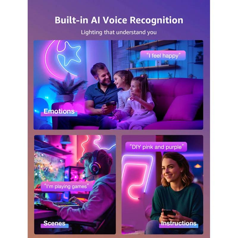 Lepro Lepro N1 AI Smart RGB Rope Lights, LLM AI Generated Lighting, LightBeats Music Sync, Color Segment DIY, Voice Control Via App, Wi-Fi & Bluetooth LED Strip Lights (Set of 6)