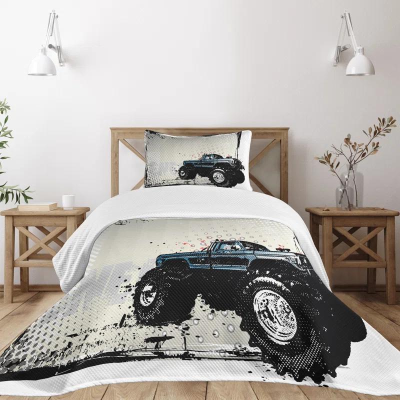 Ambesonne Ambesonne Truck Bedspread Set Halftone Monster Pickup Ivory Blue Black