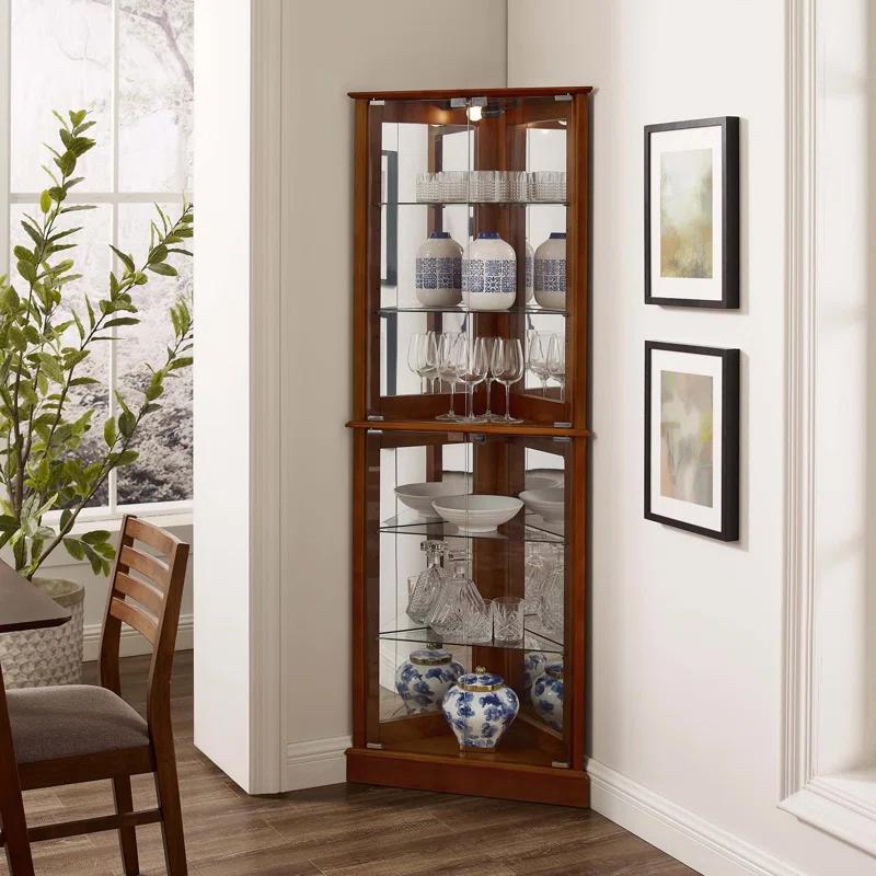 Lark Manor™ Corner Curio Dispaly Cabinet with Lights, Adjustable Tempered Glass Shelves, Mirrored Back