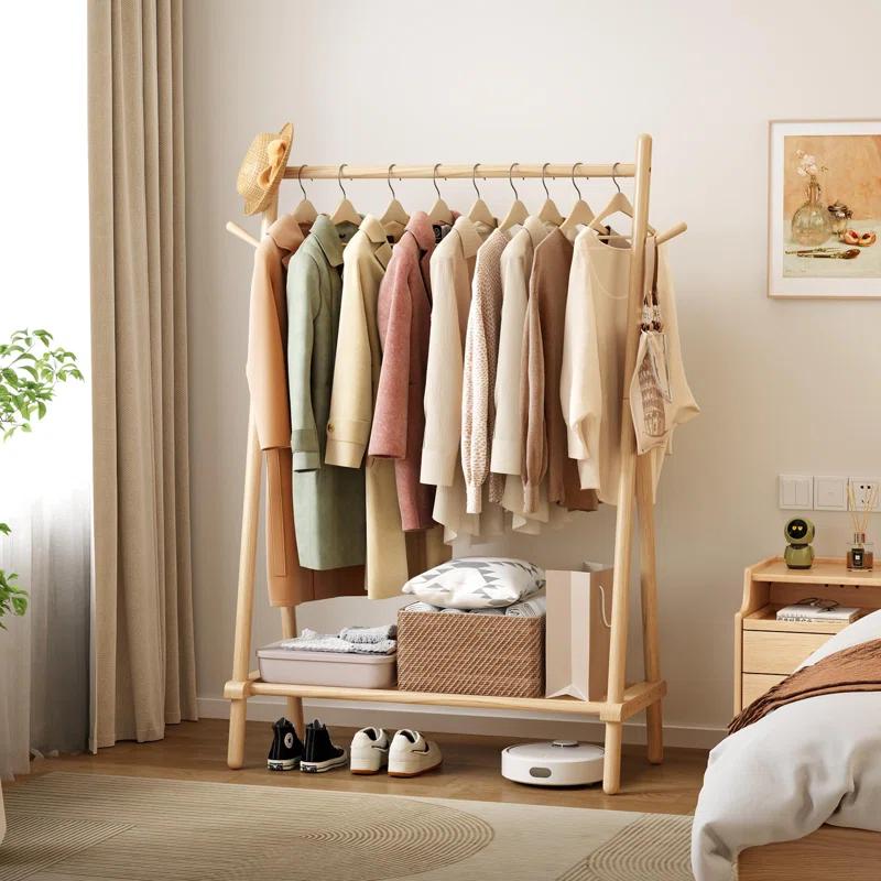 Rebrilliant Solid Wood Clothes Rack, Clothing Rack With Shelf And Hook, Sturdy And Portable, Garment Rack For Hanging Clothes,Coats,Skirts,Shoes,Bags,Easy To Assemble (Natural)