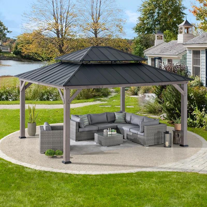 Sunjoy Sunjoy 13 x 15 ft. Wood Gazebo, Outdoor Patio Steel Hardtop Gazebo, Cedar Framed Wooden Gazebo with 2-Tier Metal Roof, Suitable for Patios, Lawn and Backyard