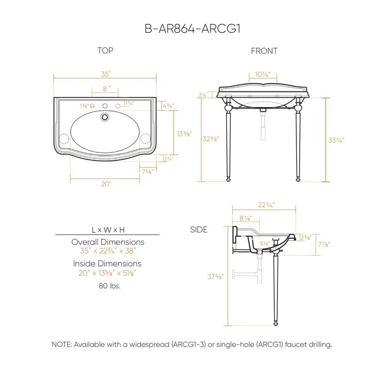 Whitehaus Collection B-AR864-ARCG1 Whitehaus Collection 35" Large Rectangular Wall Mount Console Sink With Front Towel Bar
