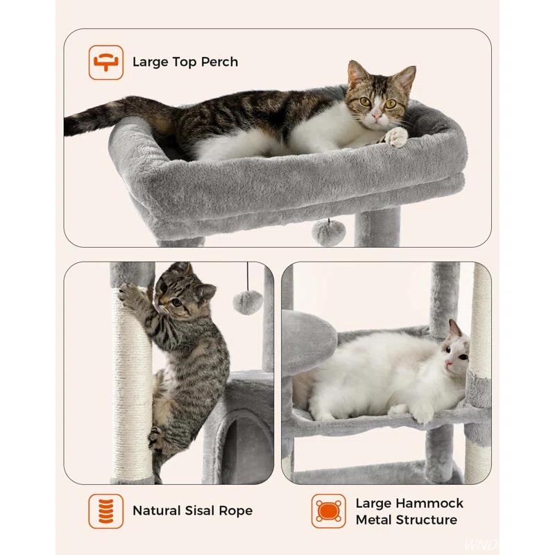 56.3" Indoor Multi-Level Tall Cat Tower With Large Hammock, Scratching Posts, Cozy Condo And Top Perch