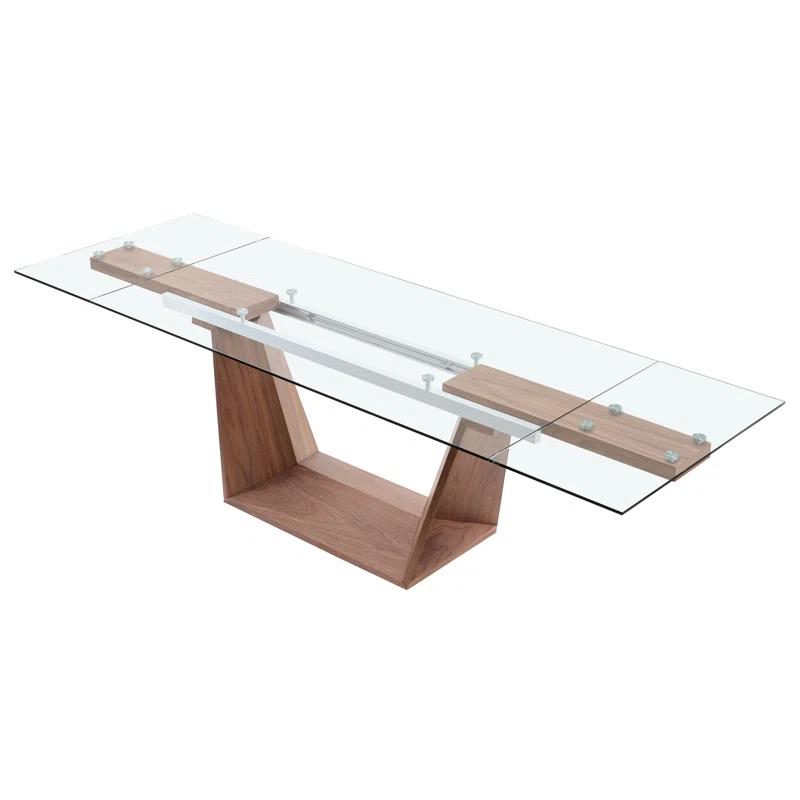 Davee Extendable Glass Top Solid Wood Base Dining Table