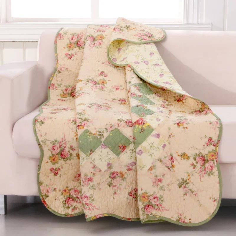 Ivory and Sage Floral Patchwork Cotton Throw Blanket