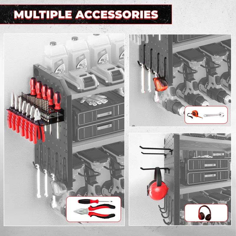 UNIVERSAL WINDOW SOLUTIONS Power Tool Organizer With Charging Station, Built In 8 Outlet Power Strip, Large 8 Drill Holder Wall Mount, Heavy Duty Metal Power Tool Storage Rack Tool Shelf For Garage Organization