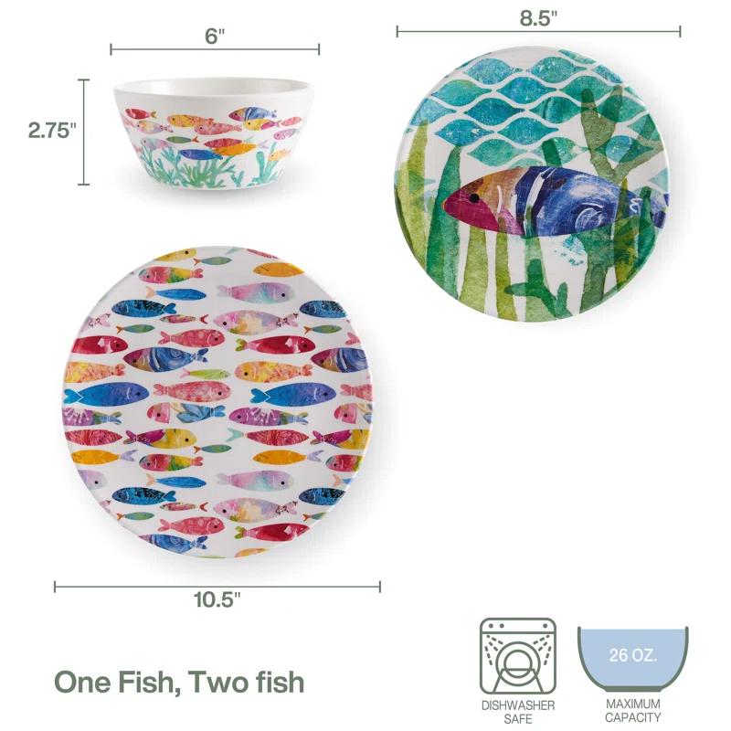 Fitz and Floyd Fitz and Floyd One Fish Two Fish 12-Piece Indoor/Outdoor Melamine Dinnerware Set, Service for 4