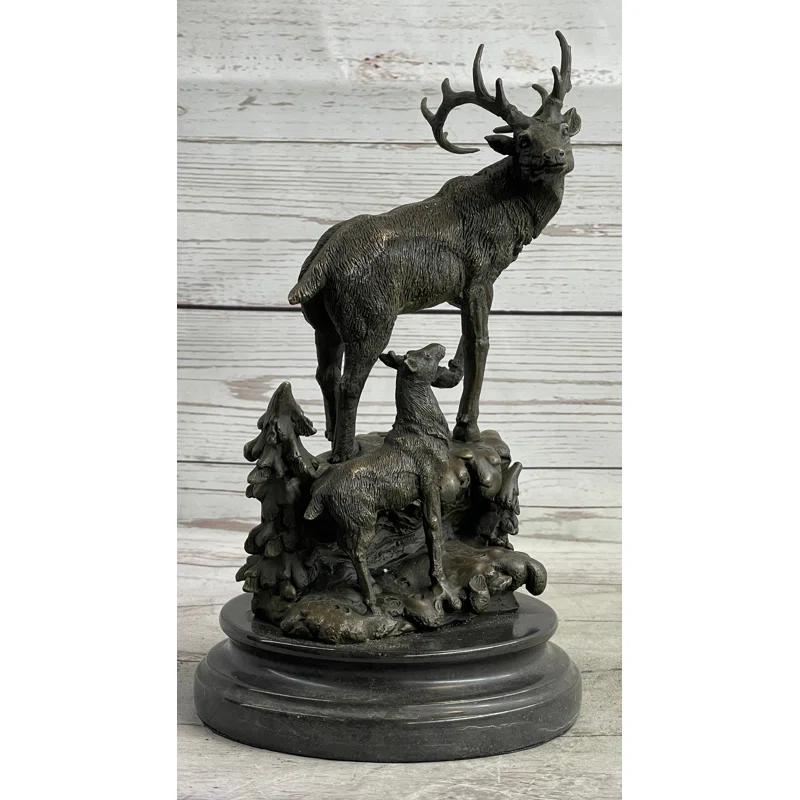 Loon Peak® Signed Original Male Stag with his Baby Fawn Bronze Sculpture Marble Base Statue